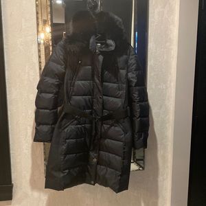 Burberry London down winter coat. Rabbit fur trimmed hood (detachable). Black